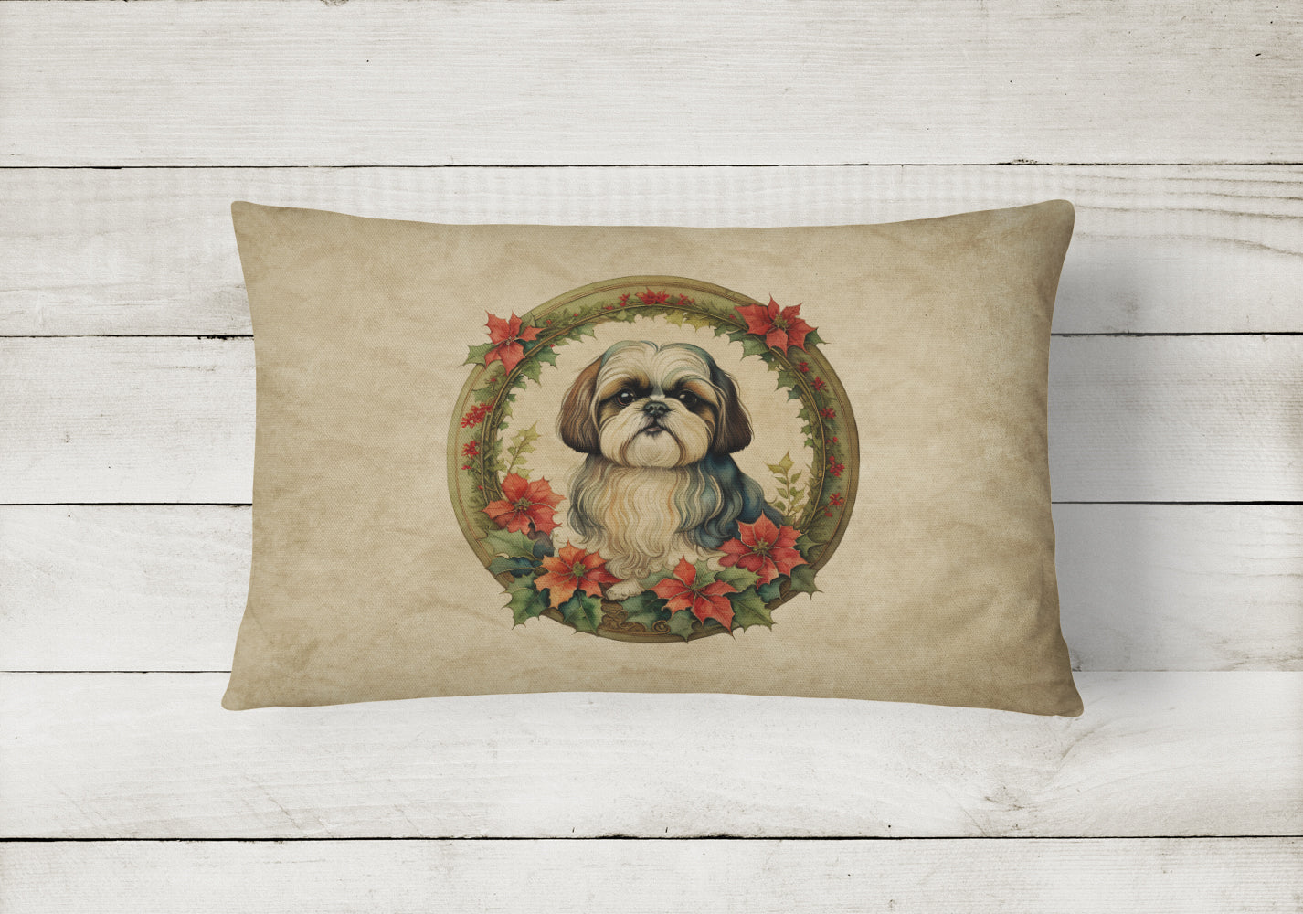 Shih Tzu Christmas Flowers Throw Pillow