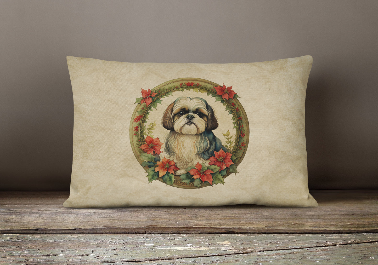 Shih Tzu Christmas Flowers Throw Pillow