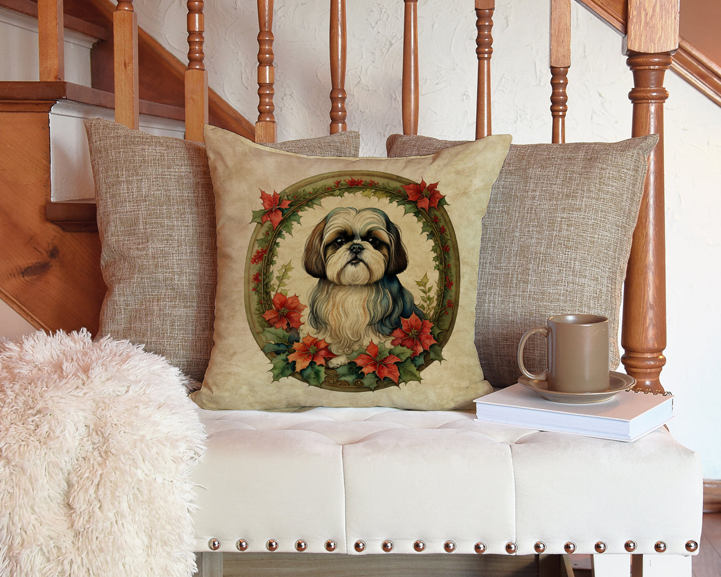 Shih Tzu Christmas Flowers Throw Pillow