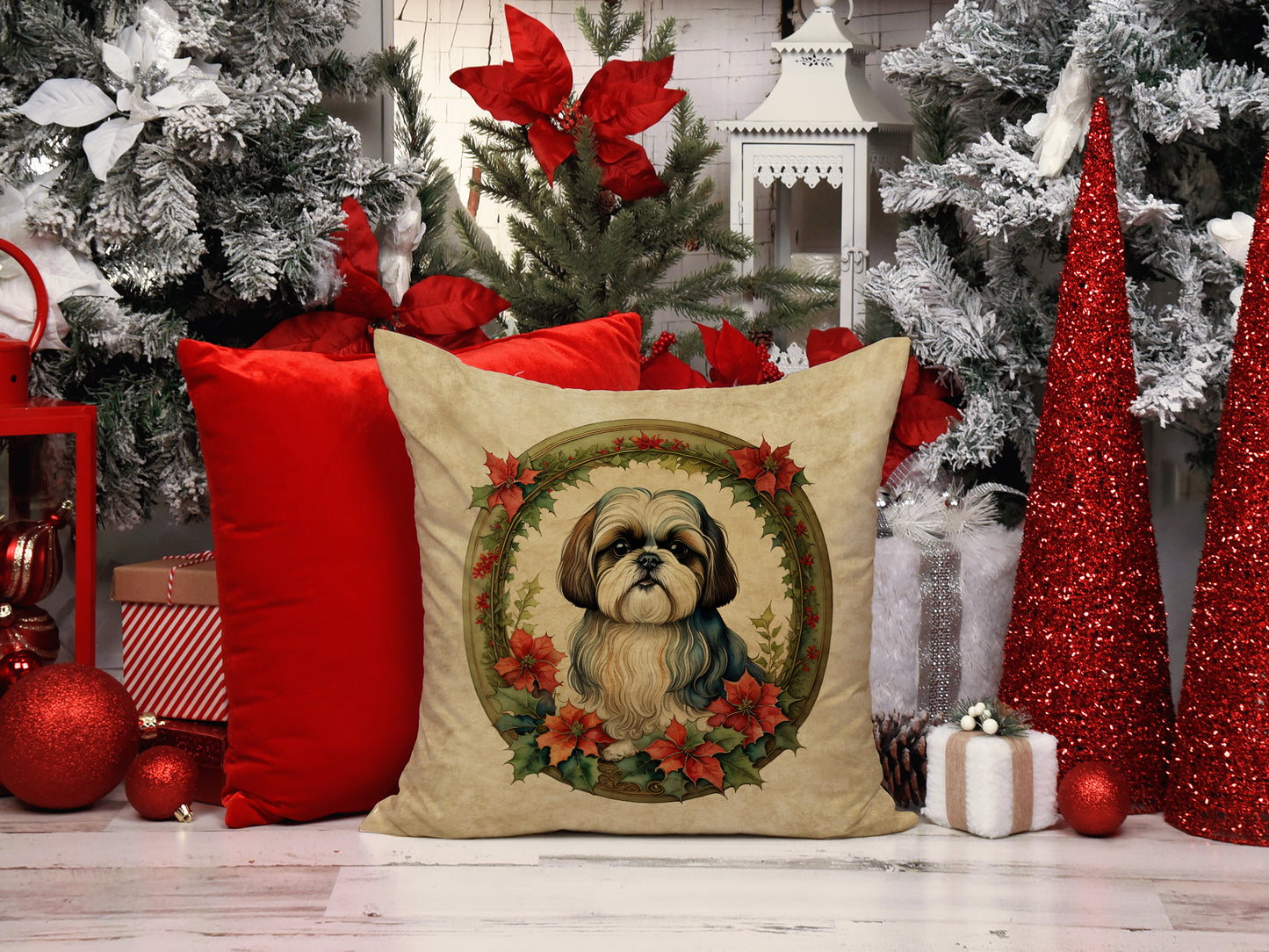 Shih Tzu Christmas Flowers Throw Pillow