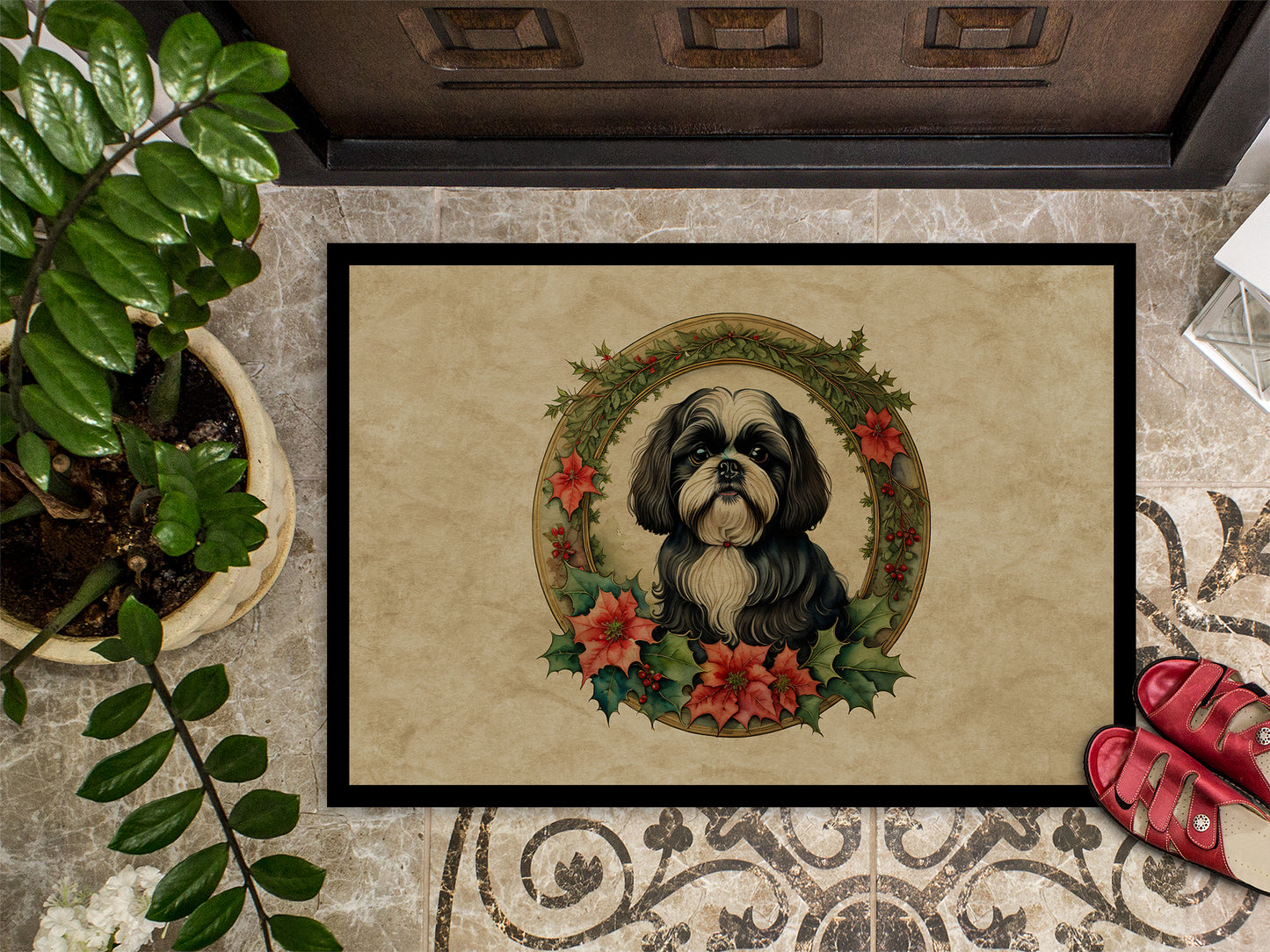 Shih Tzu Christmas Flowers Doormat