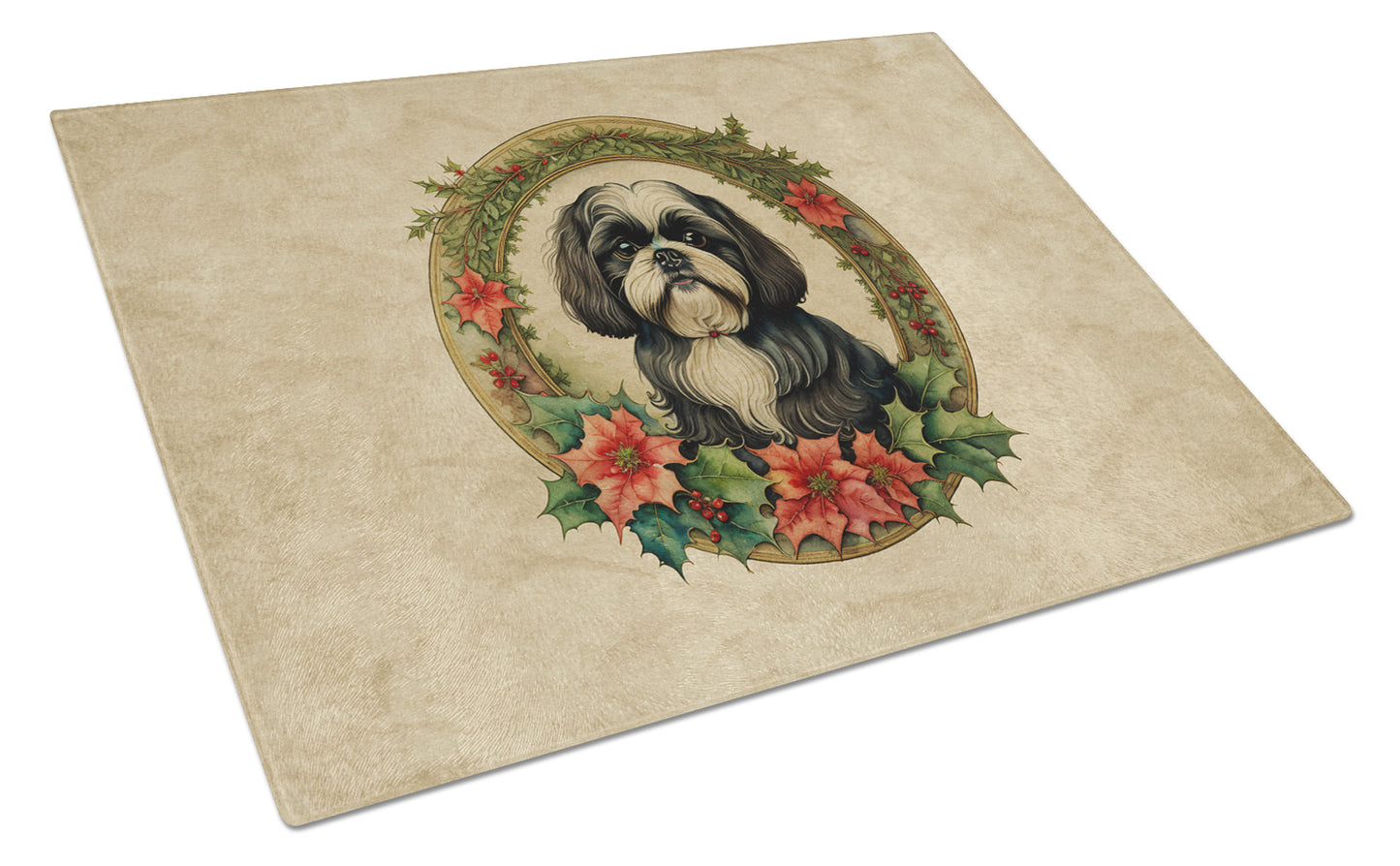 Buy this Shih Tzu Christmas Flowers Glass Cutting Board