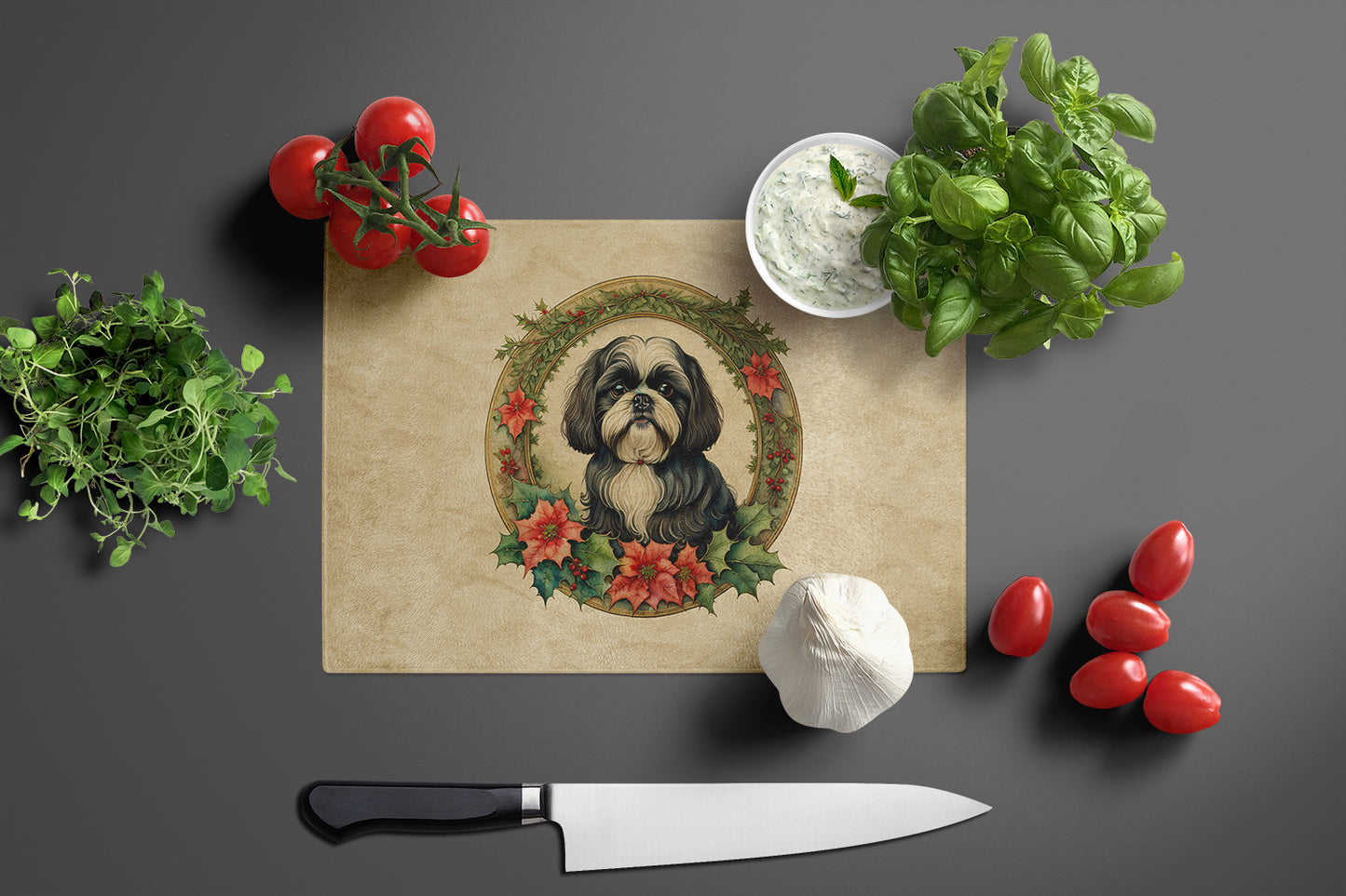 Shih Tzu Christmas Flowers Glass Cutting Board