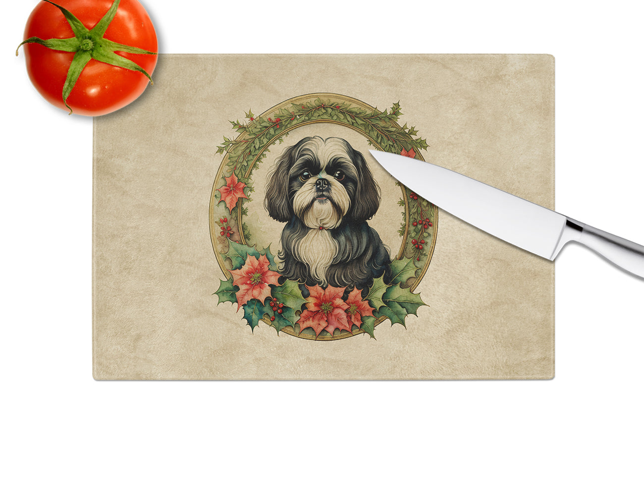 Shih Tzu Christmas Flowers Glass Cutting Board