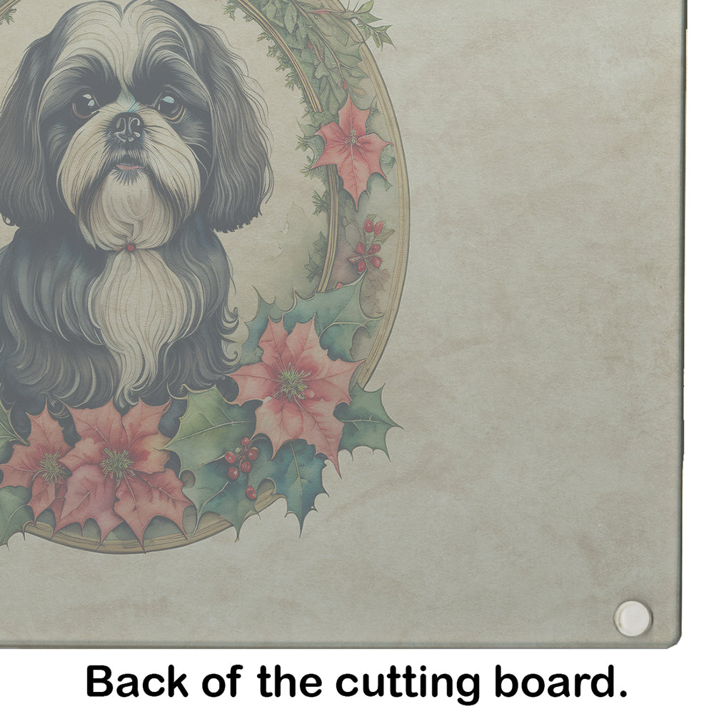 Shih Tzu Christmas Flowers Glass Cutting Board