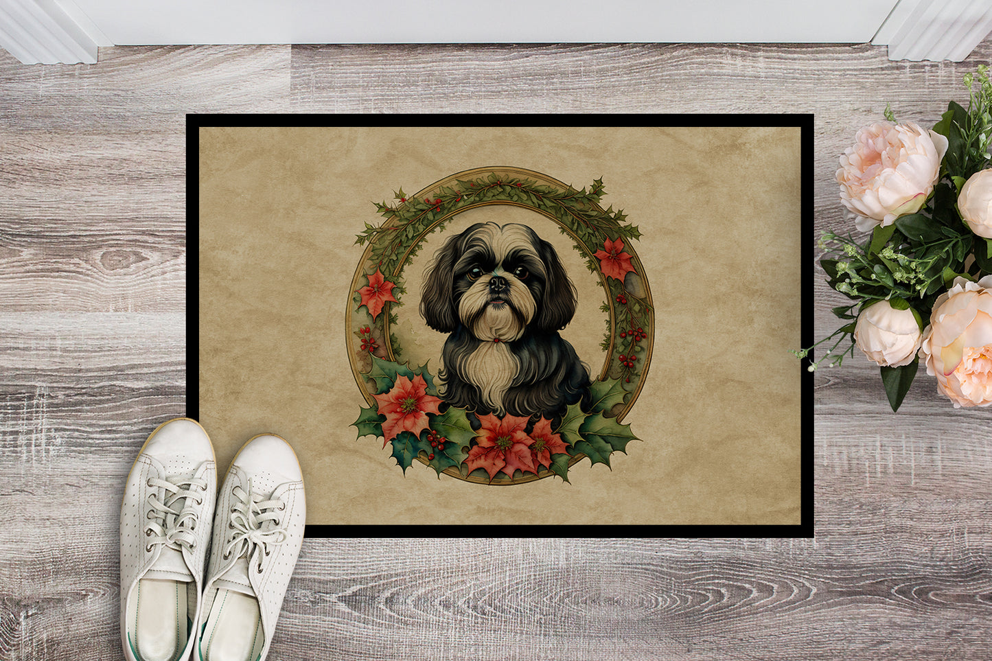 Shih Tzu Christmas Flowers Doormat