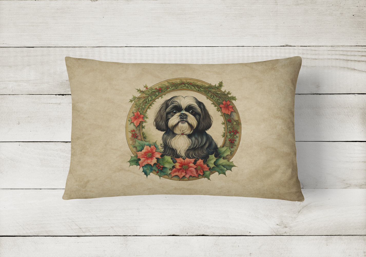 Shih Tzu Christmas Flowers Throw Pillow