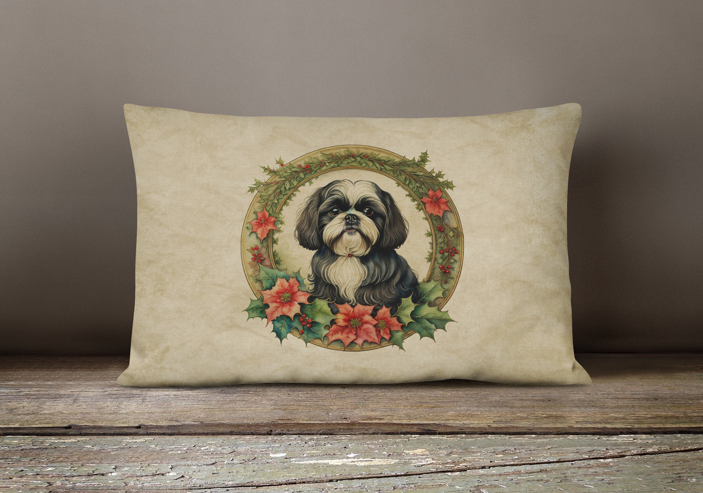 Shih Tzu Christmas Flowers Throw Pillow