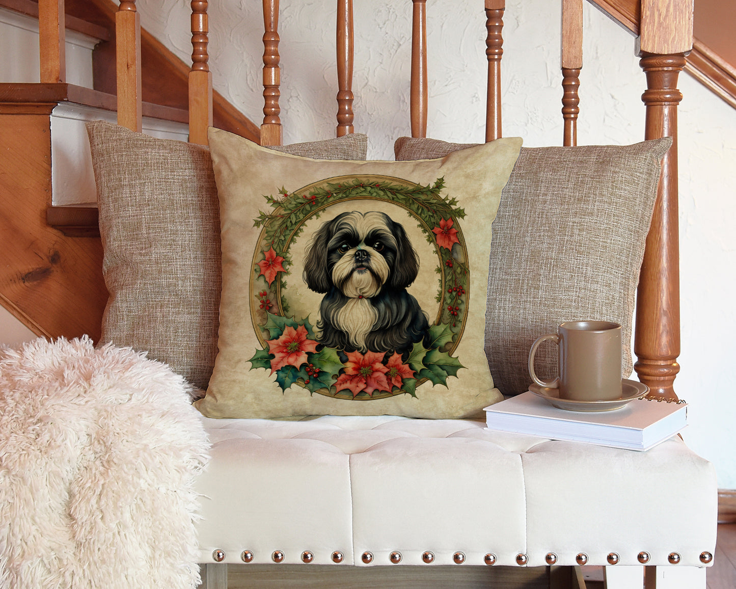 Shih Tzu Christmas Flowers Throw Pillow