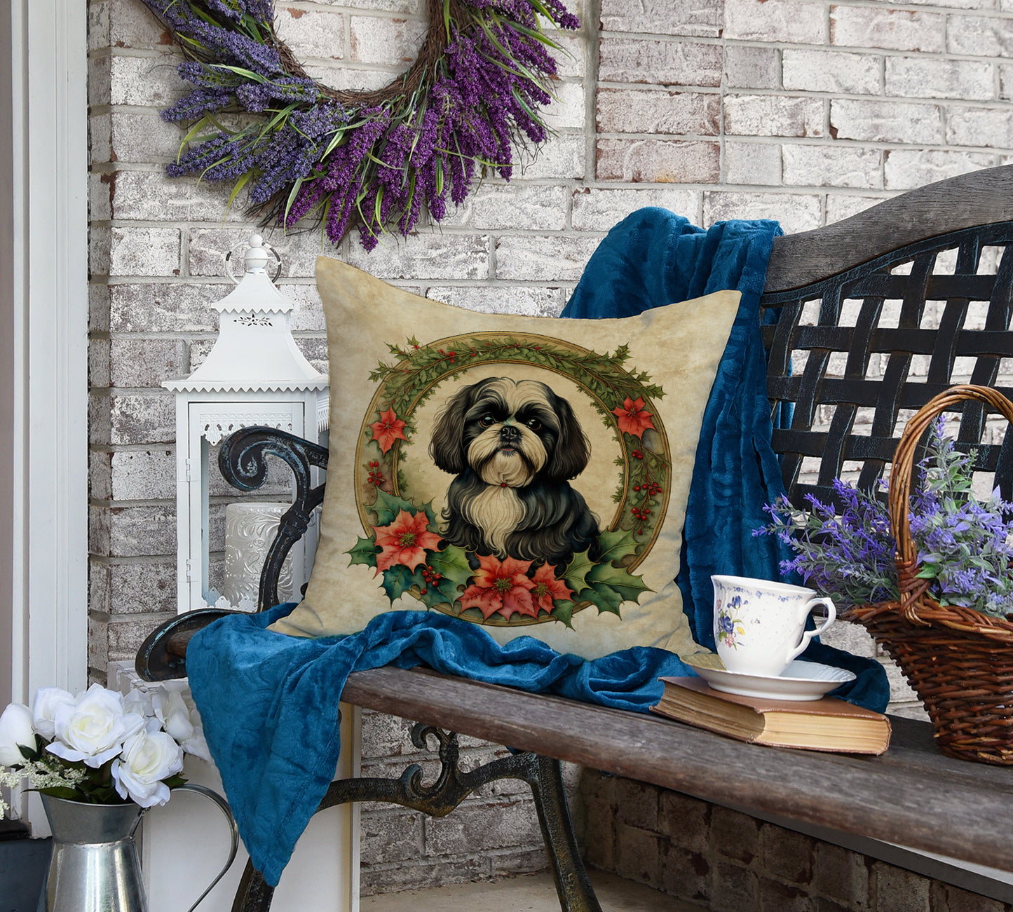 Shih Tzu Christmas Flowers Throw Pillow