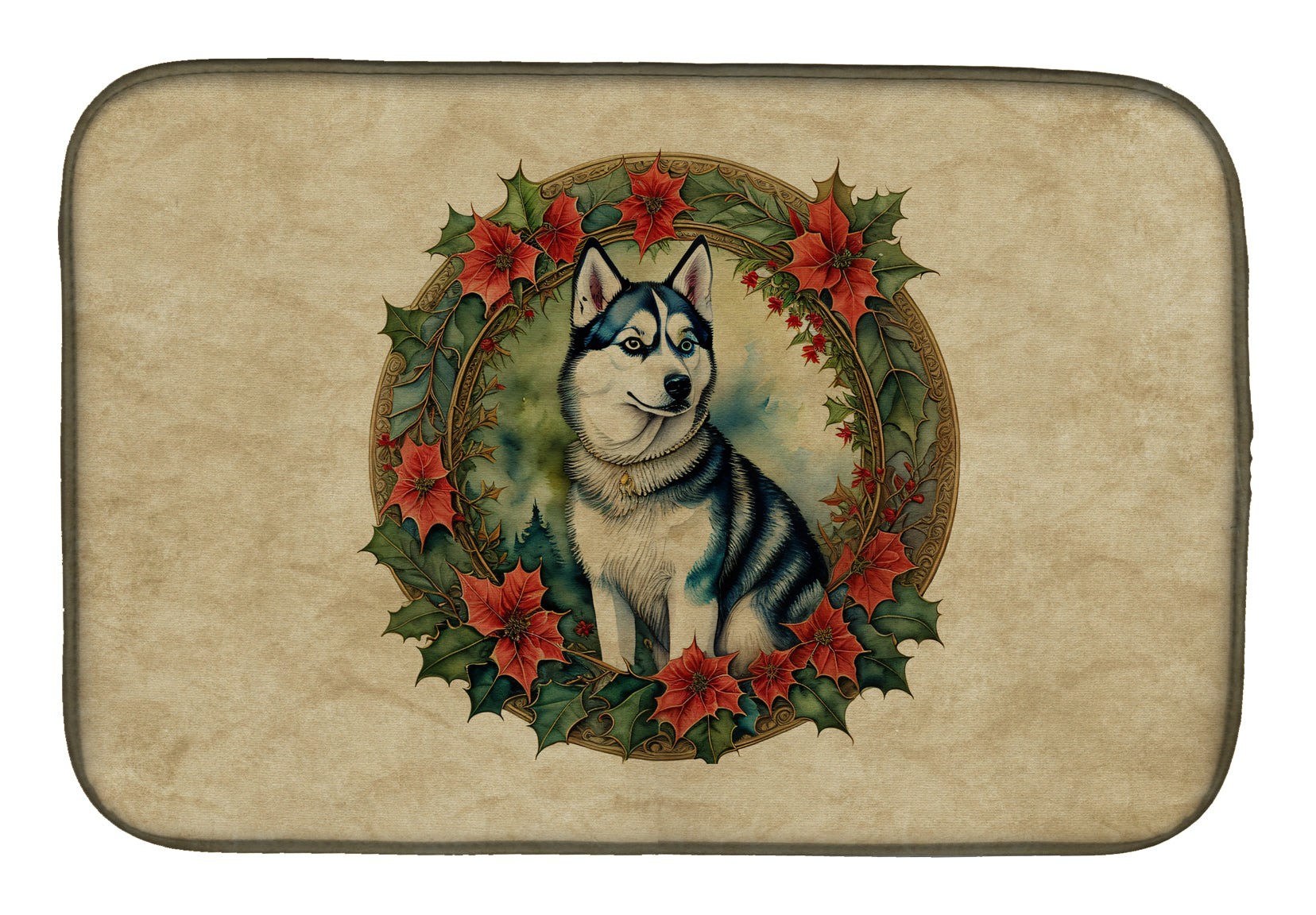 Buy this Siberian Husky Christmas Flowers Dish Drying Mat