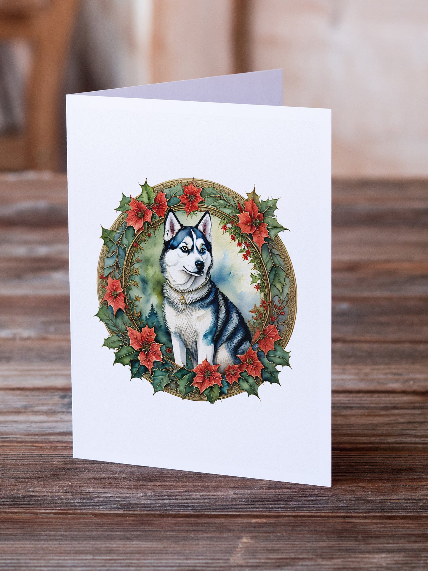 Siberian Husky Christmas Flowers Greeting Cards Pack of 8