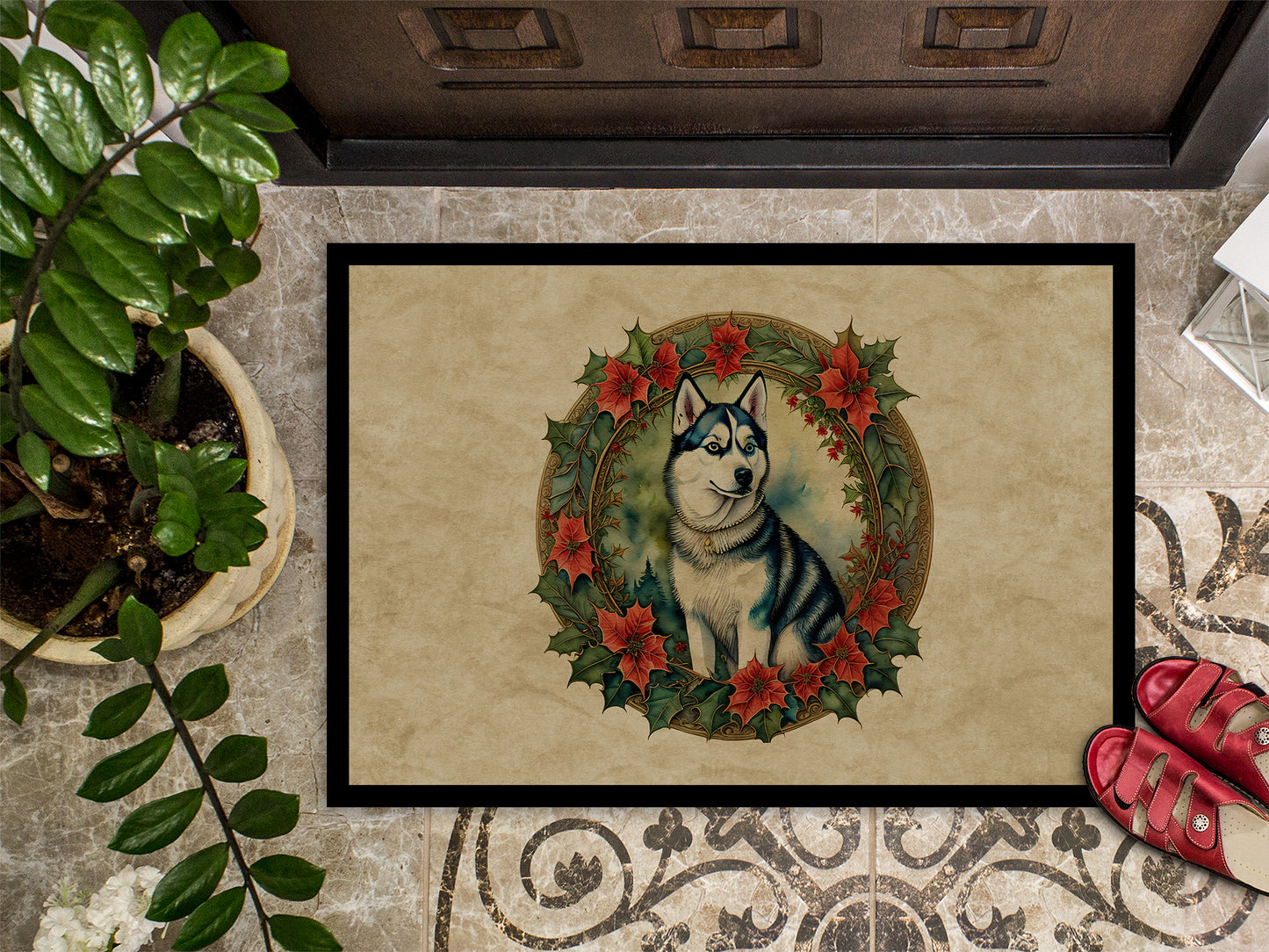 Siberian Husky Christmas Flowers Doormat