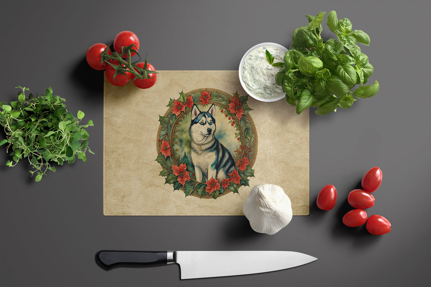 Siberian Husky Christmas Flowers Glass Cutting Board