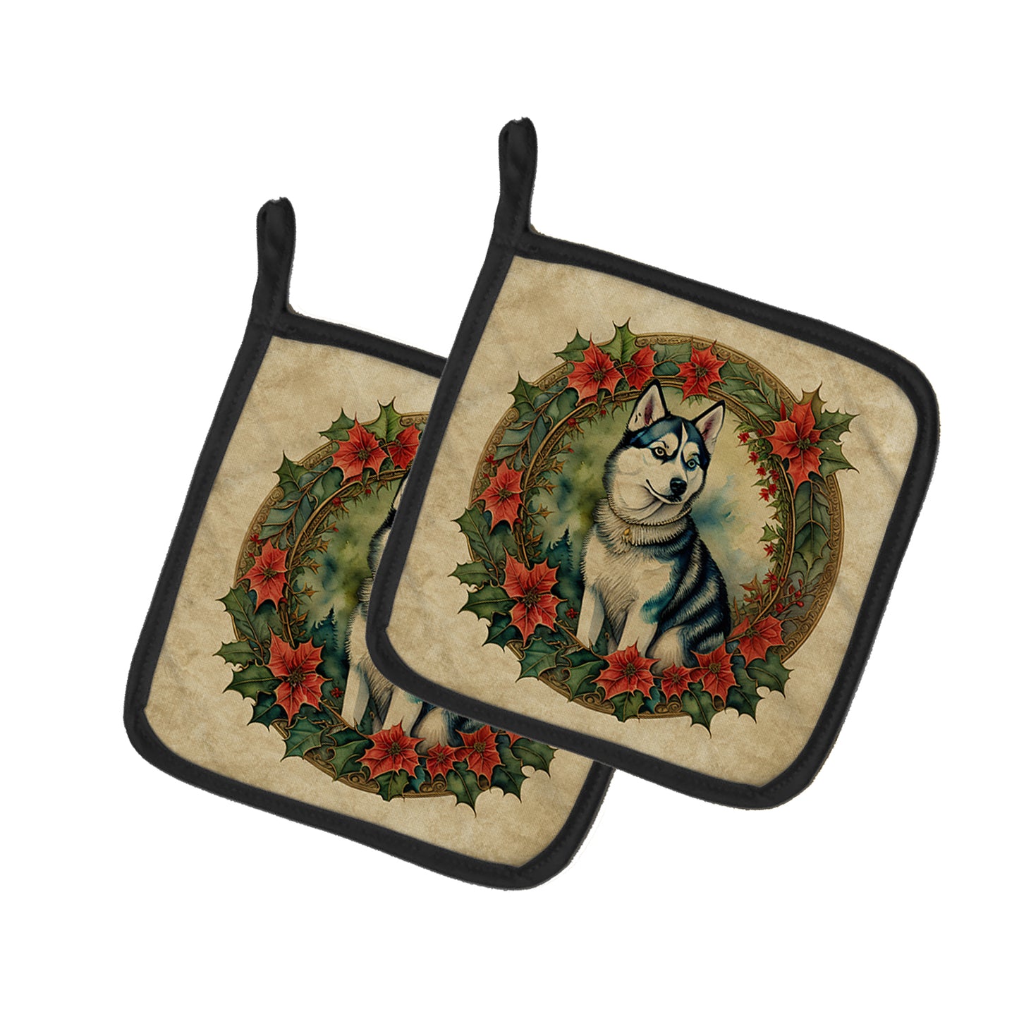 Buy this Siberian Husky Christmas Flowers Pair of Pot Holders