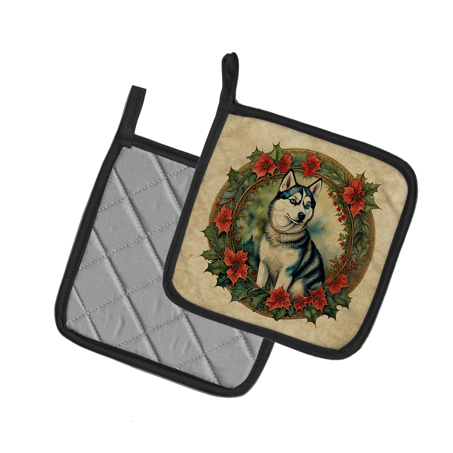 Siberian Husky Christmas Flowers Pair of Pot Holders