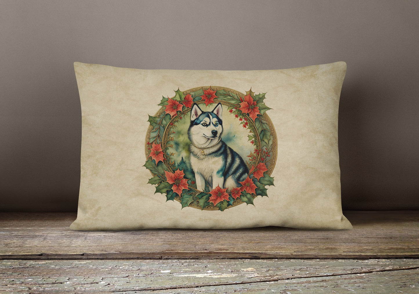 Siberian Husky Christmas Flowers Throw Pillow