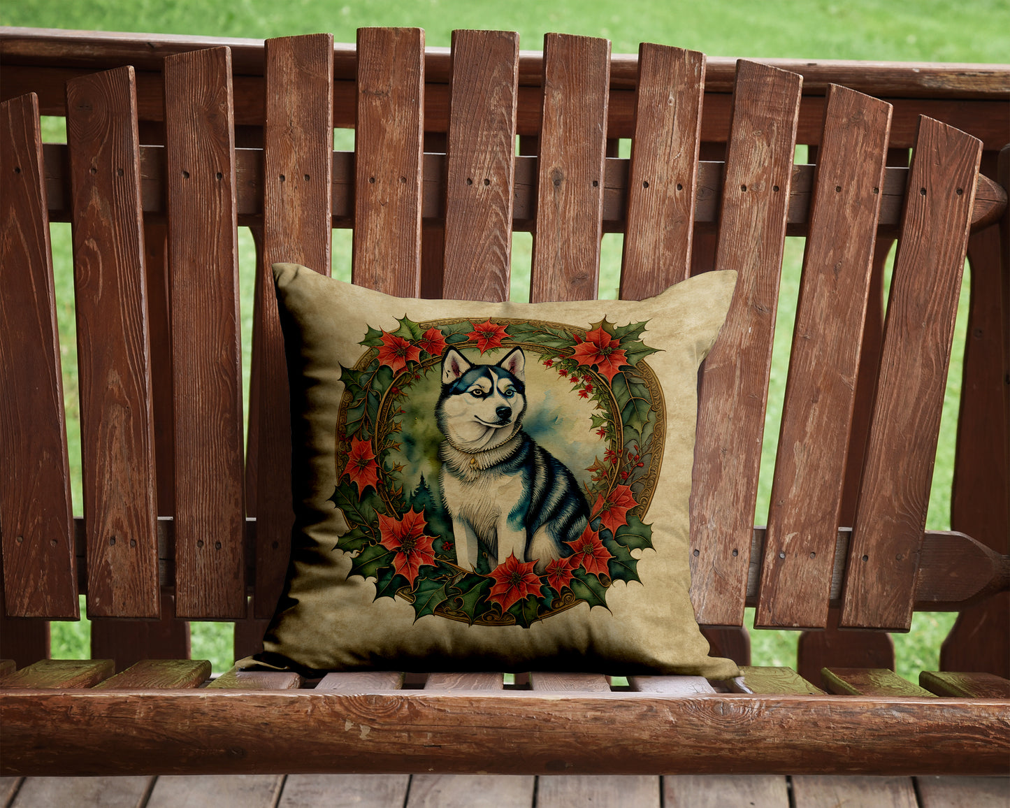 Siberian Husky Christmas Flowers Throw Pillow