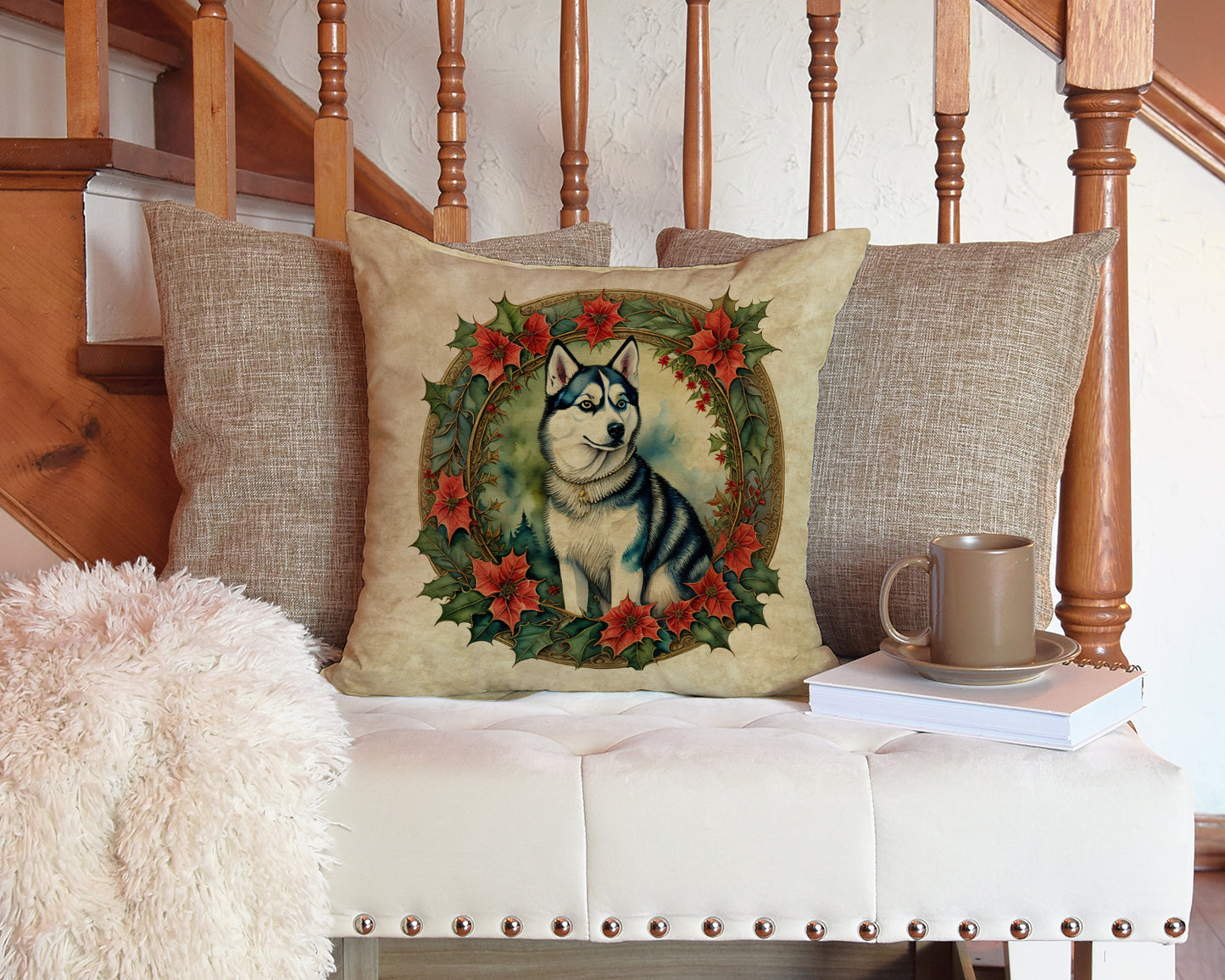 Siberian Husky Christmas Flowers Throw Pillow