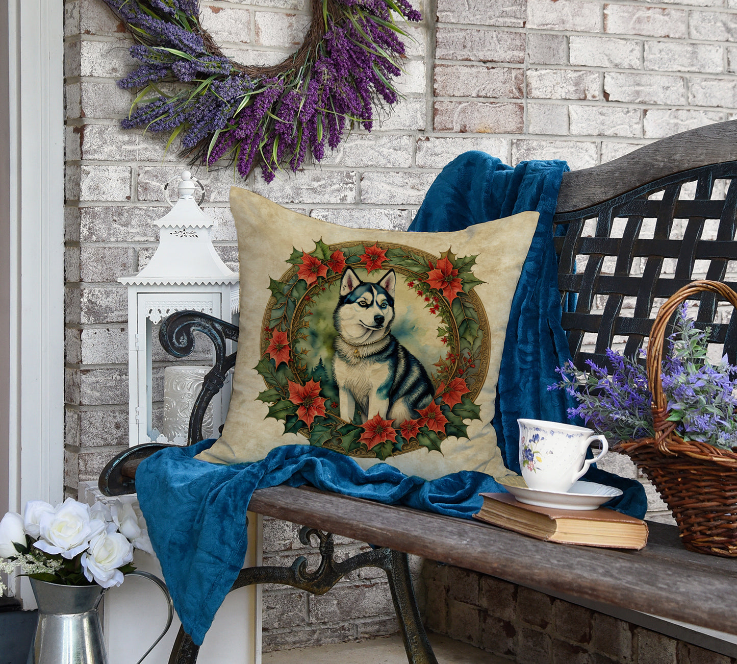 Siberian Husky Christmas Flowers Throw Pillow