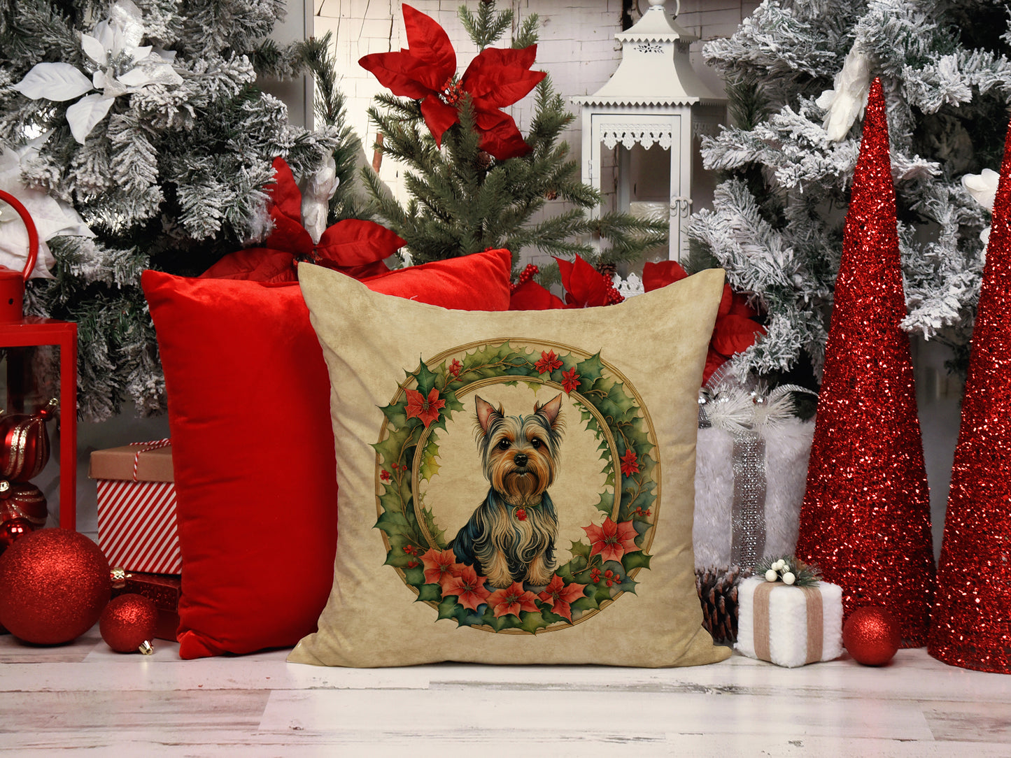 Silky Terrier Christmas Flowers Throw Pillow