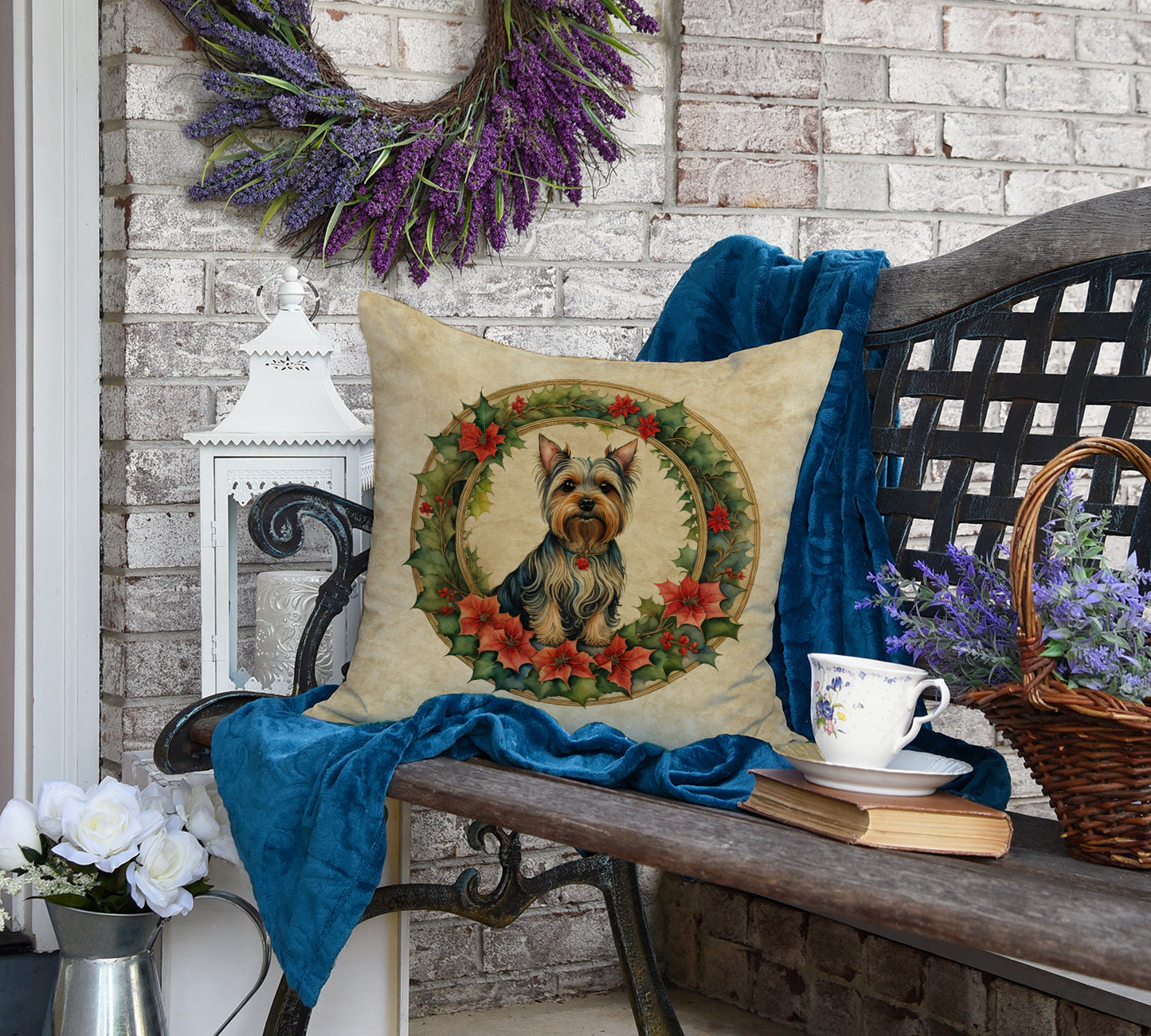 Silky Terrier Christmas Flowers Throw Pillow