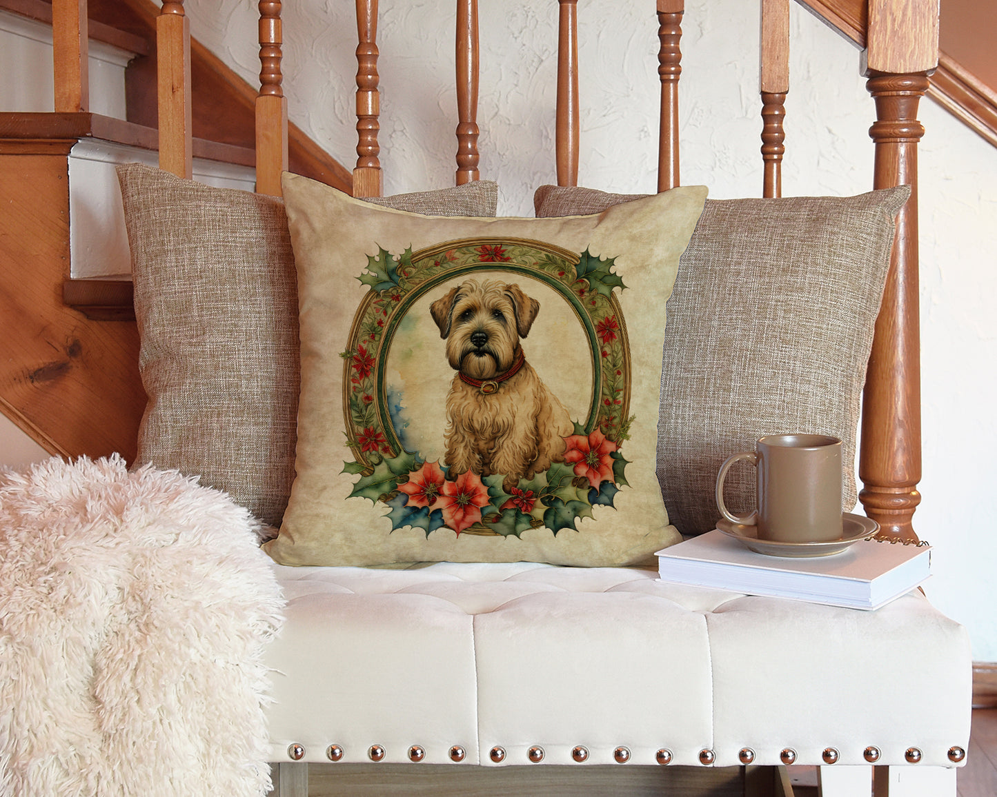 Wheaten Terrier Christmas Flowers Throw Pillow