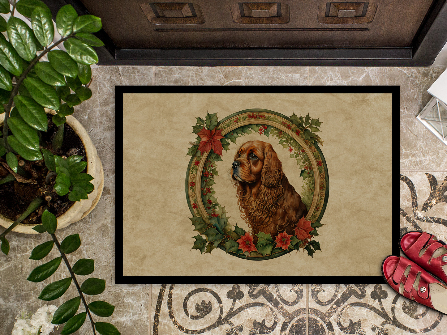 Sussex Spaniel Christmas Flowers Doormat