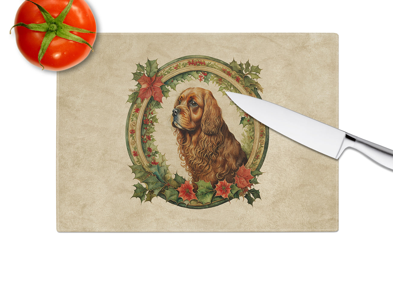 Sussex Spaniel Christmas Flowers Glass Cutting Board