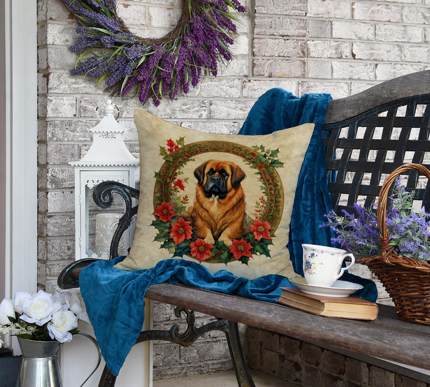 Tibetan Mastiff Christmas Flowers Throw Pillow