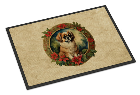 Buy this Tibetan Spaniel Christmas Flowers Doormat