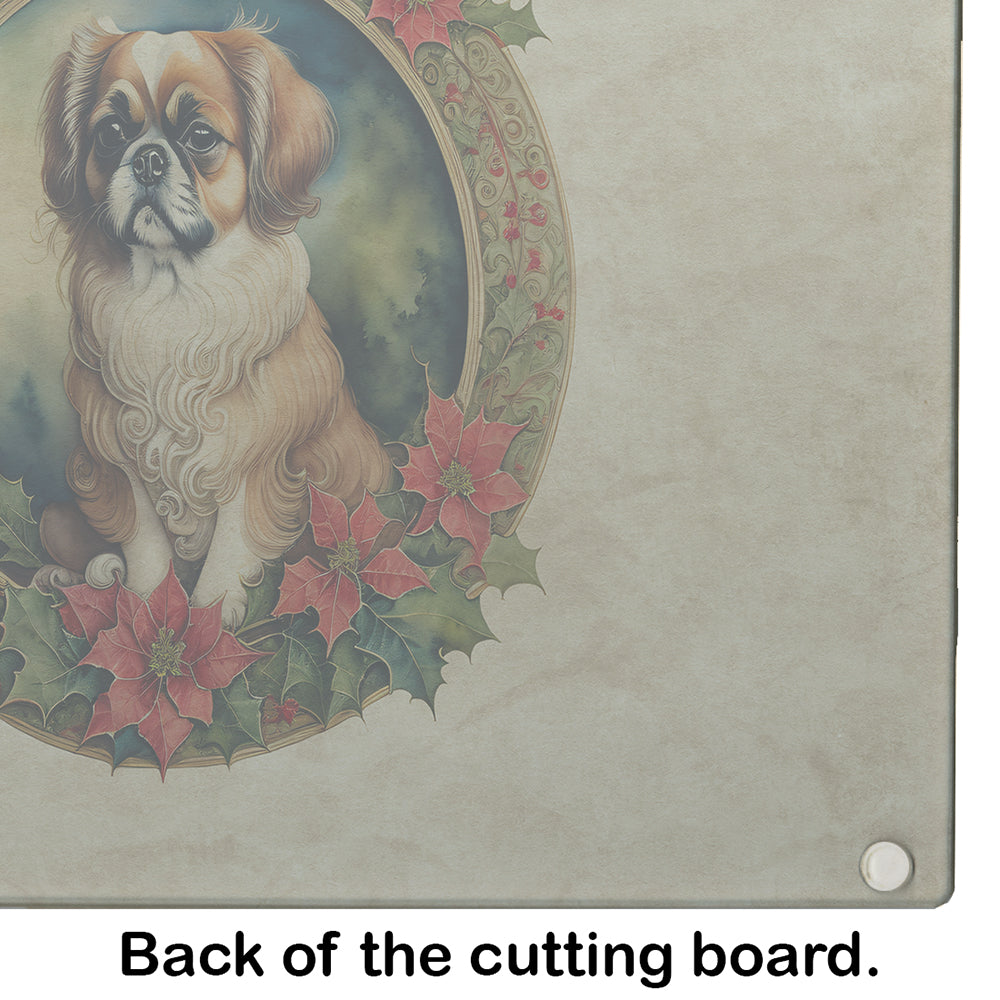 Tibetan Spaniel Christmas Flowers Glass Cutting Board