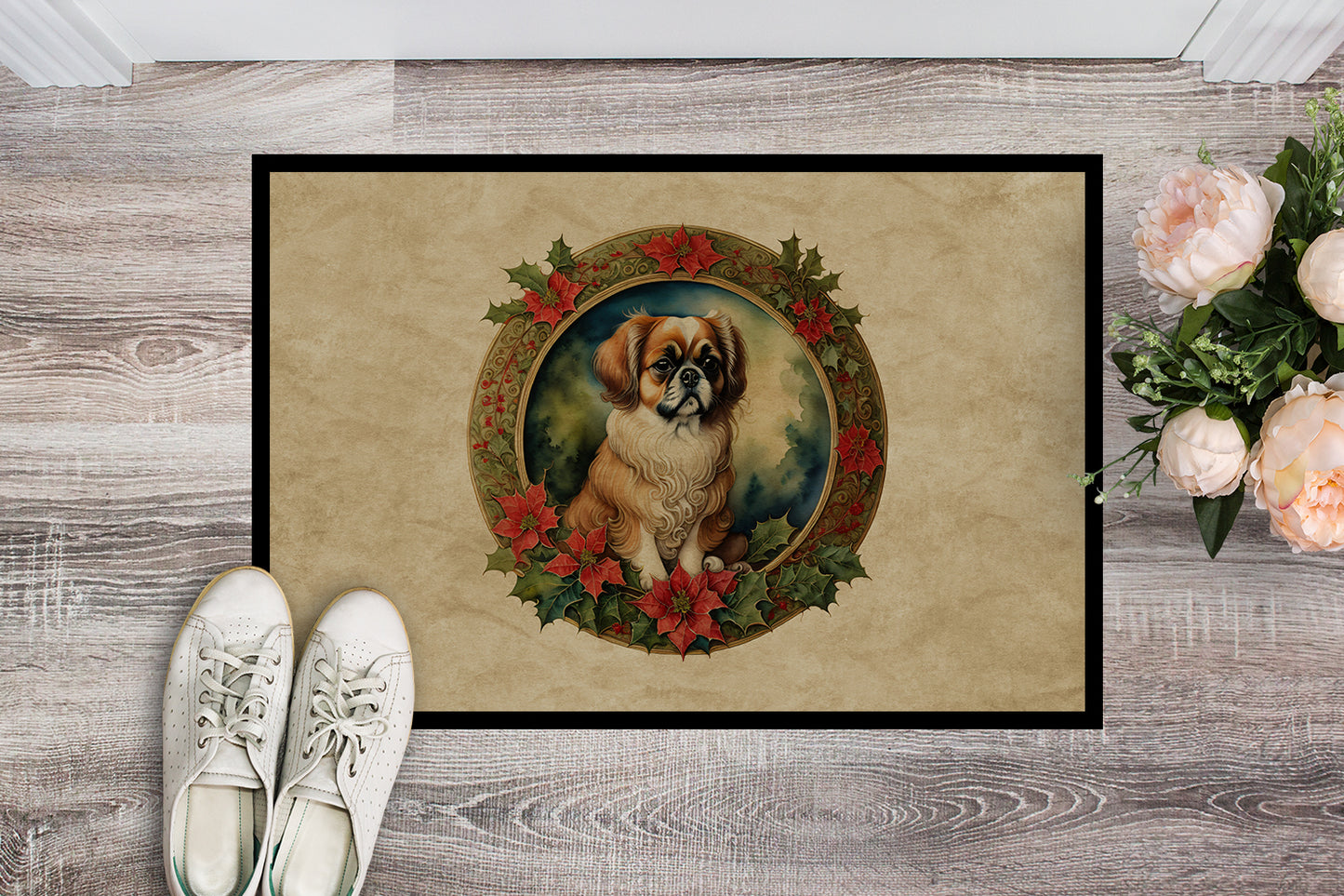 Tibetan Spaniel Christmas Flowers Doormat