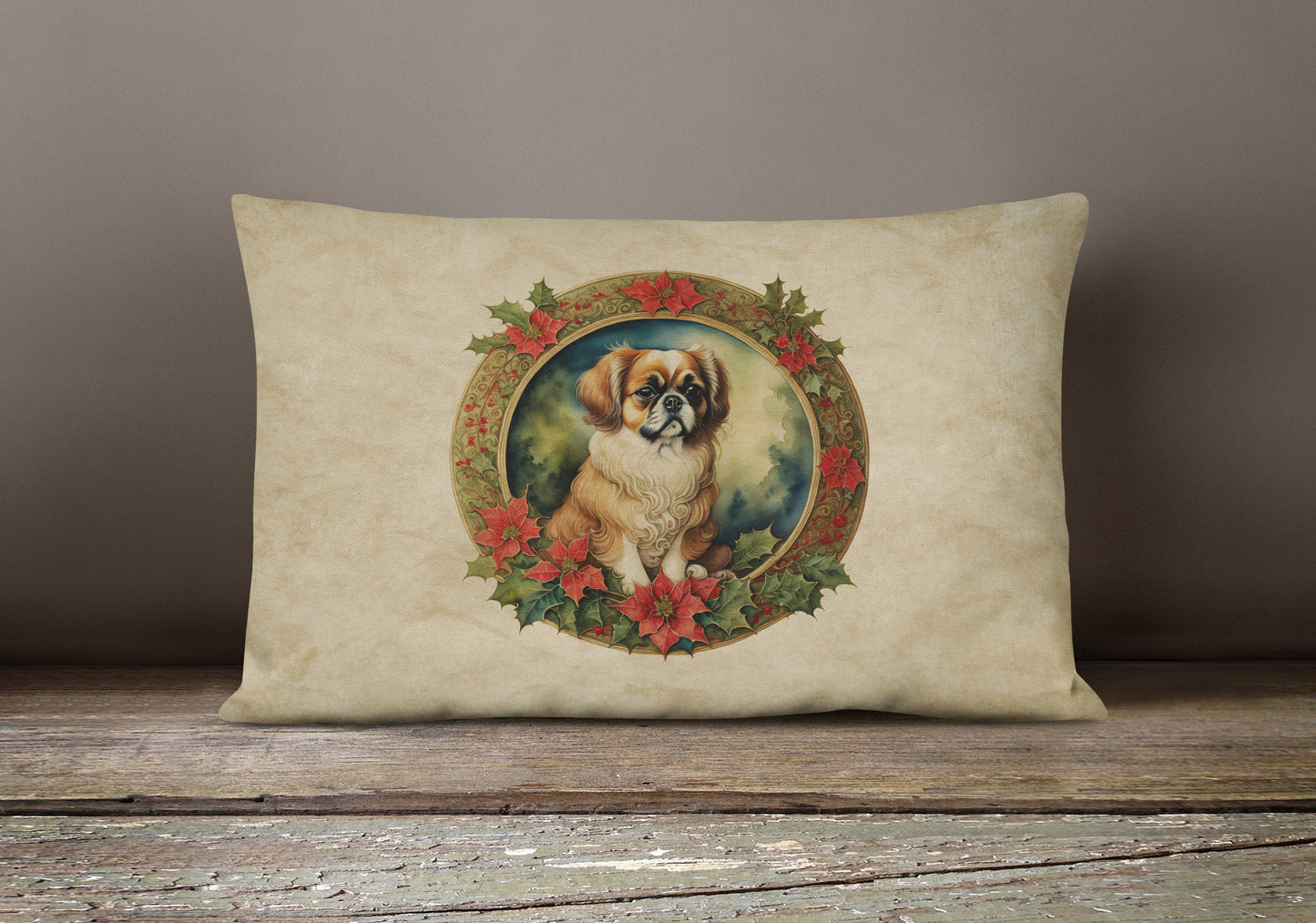 Tibetan Spaniel Christmas Flowers Throw Pillow