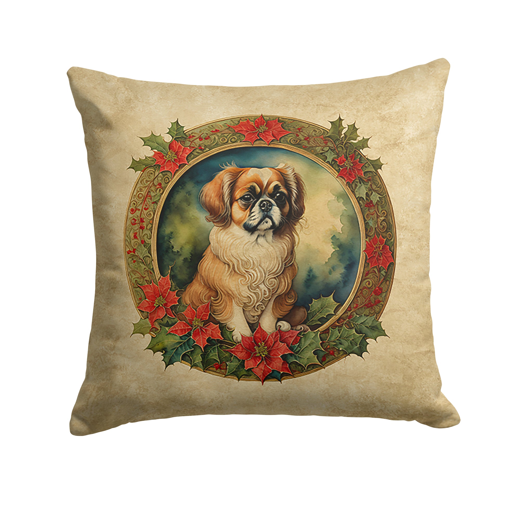 Buy this Tibetan Spaniel Christmas Flowers Throw Pillow