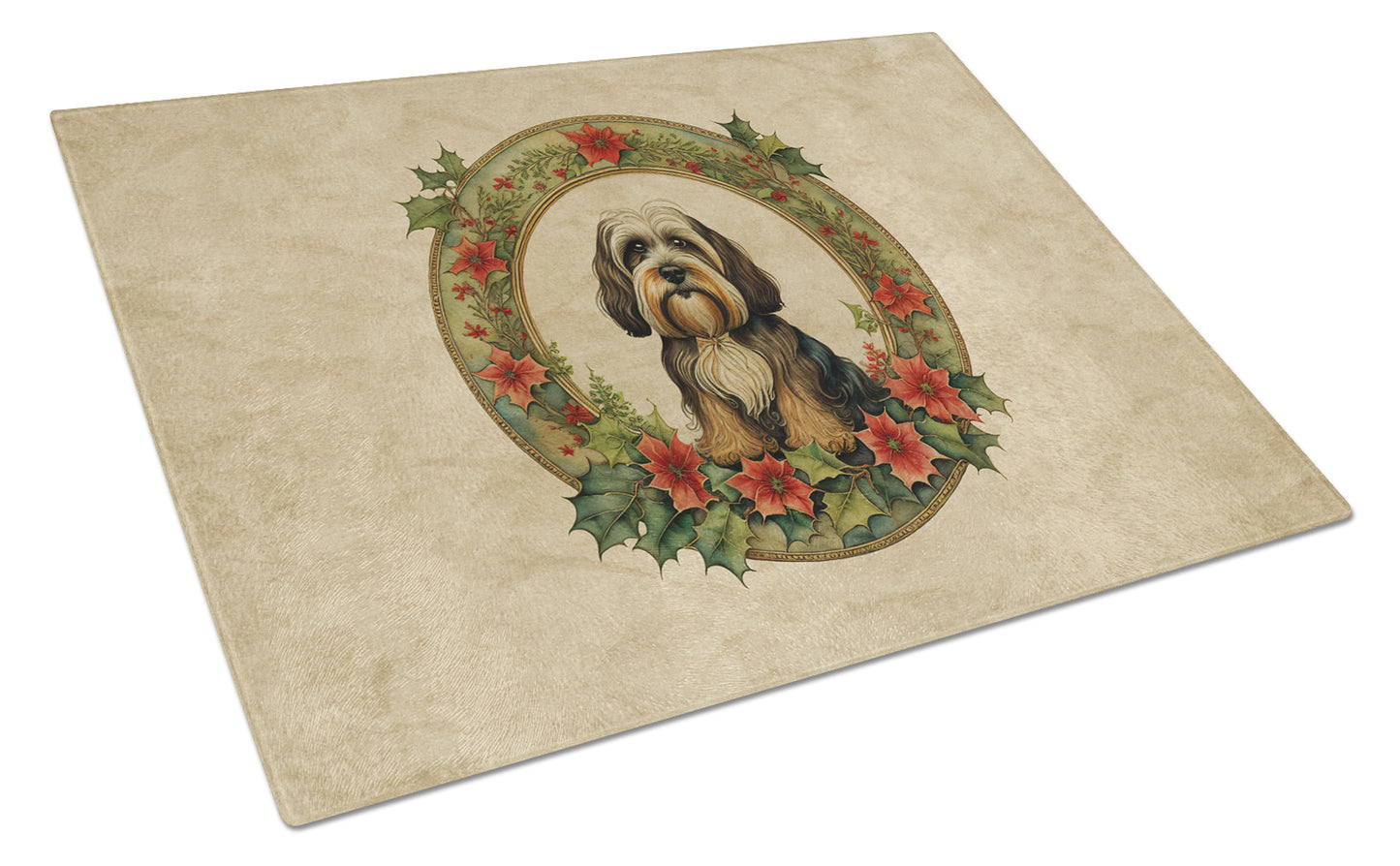 Buy this Tibetan Terrier Christmas Flowers Glass Cutting Board