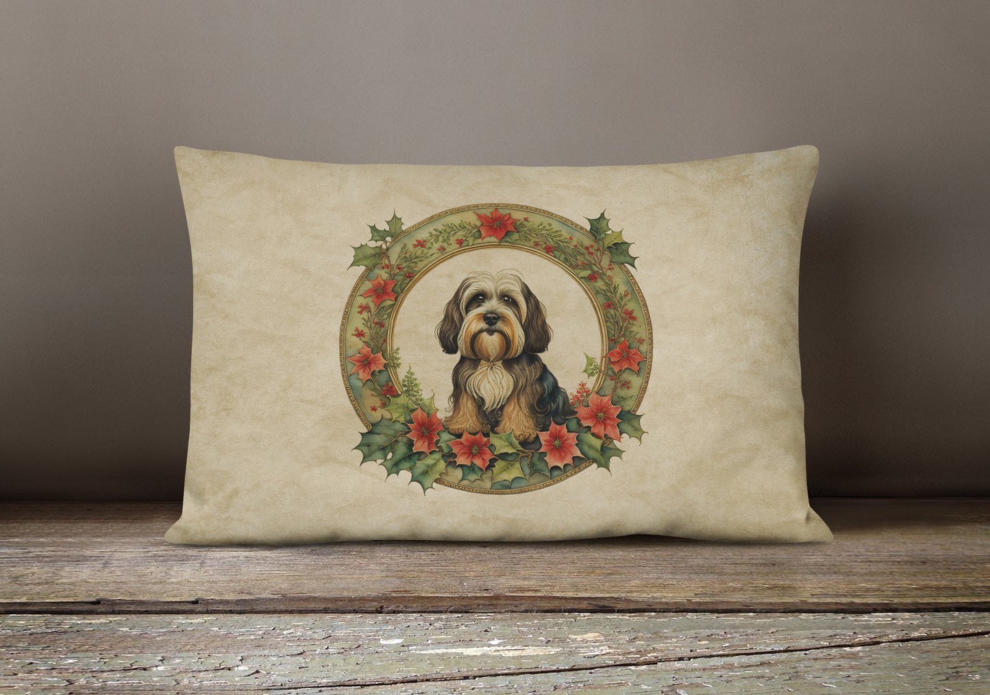 Tibetan Terrier Christmas Flowers Throw Pillow