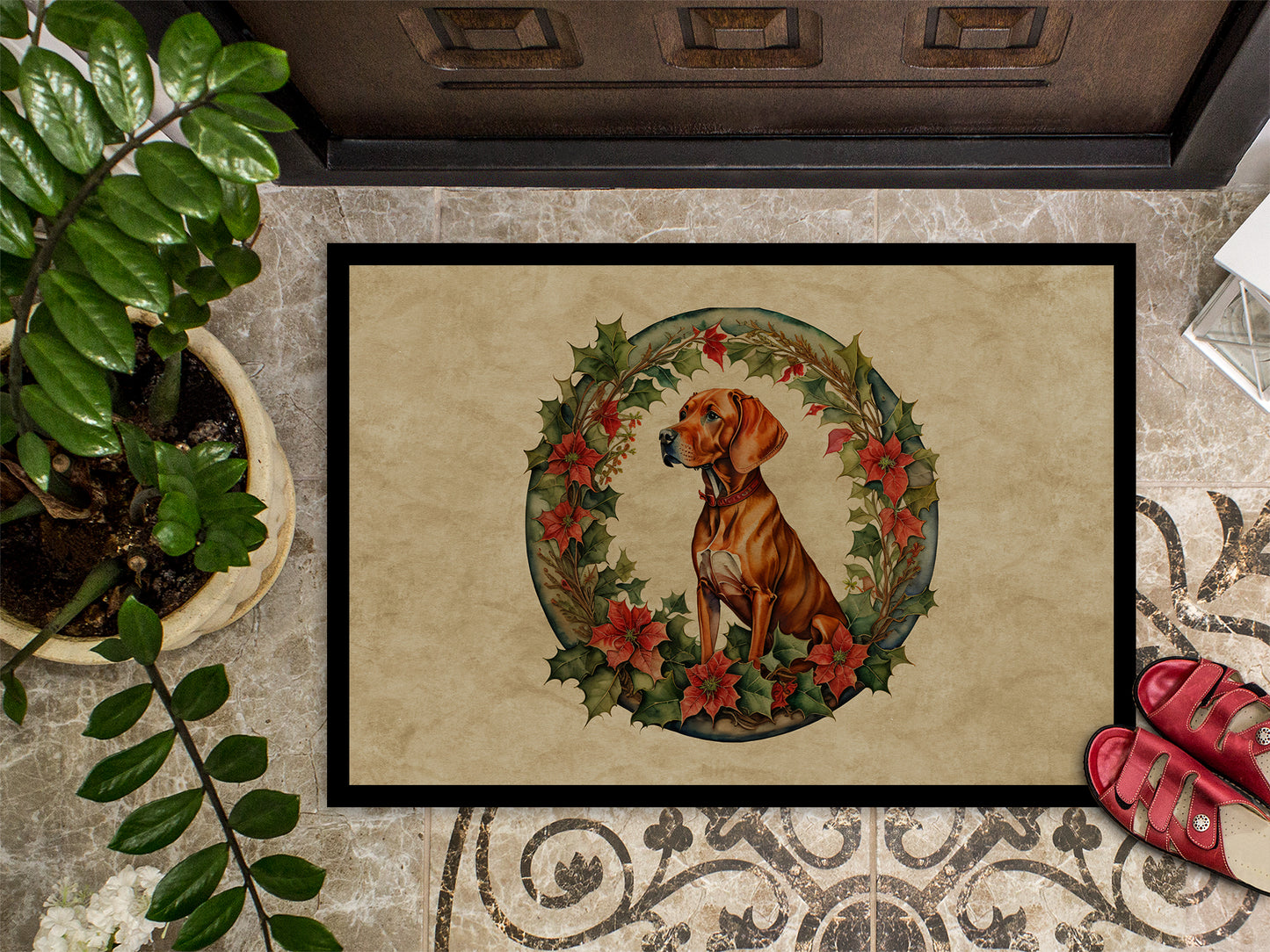 Vizsla Christmas Flowers Doormat