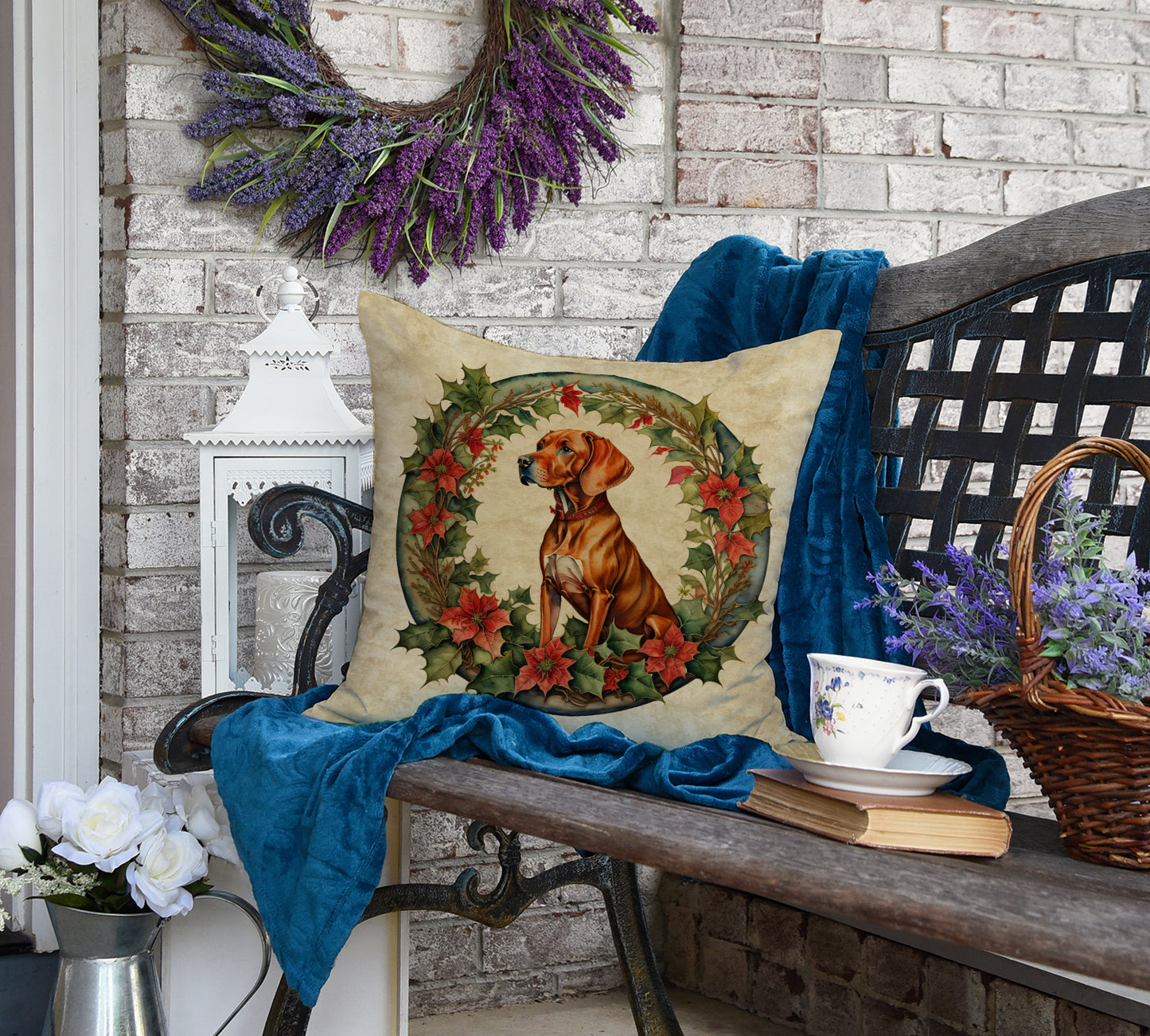 Vizsla Christmas Flowers Throw Pillow