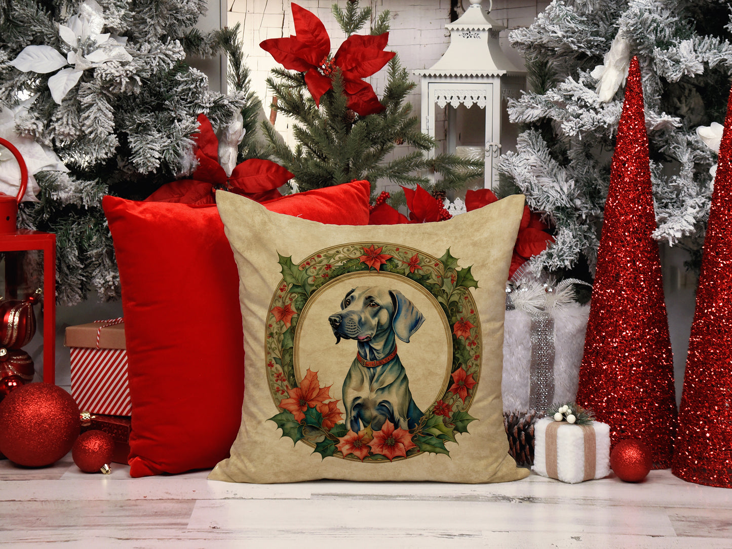 Weimaraner Christmas Flowers Throw Pillow