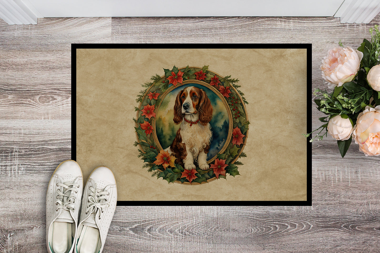 Welsh Springer Spaniel Christmas Flowers Doormat