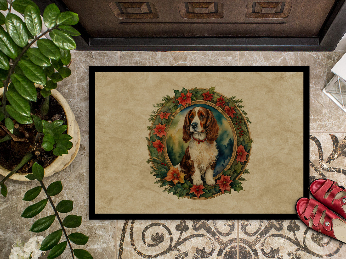 Welsh Springer Spaniel Christmas Flowers Doormat