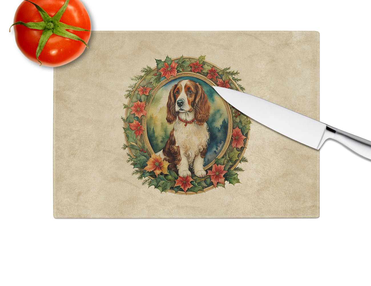 Welsh Springer Spaniel Christmas Flowers Glass Cutting Board