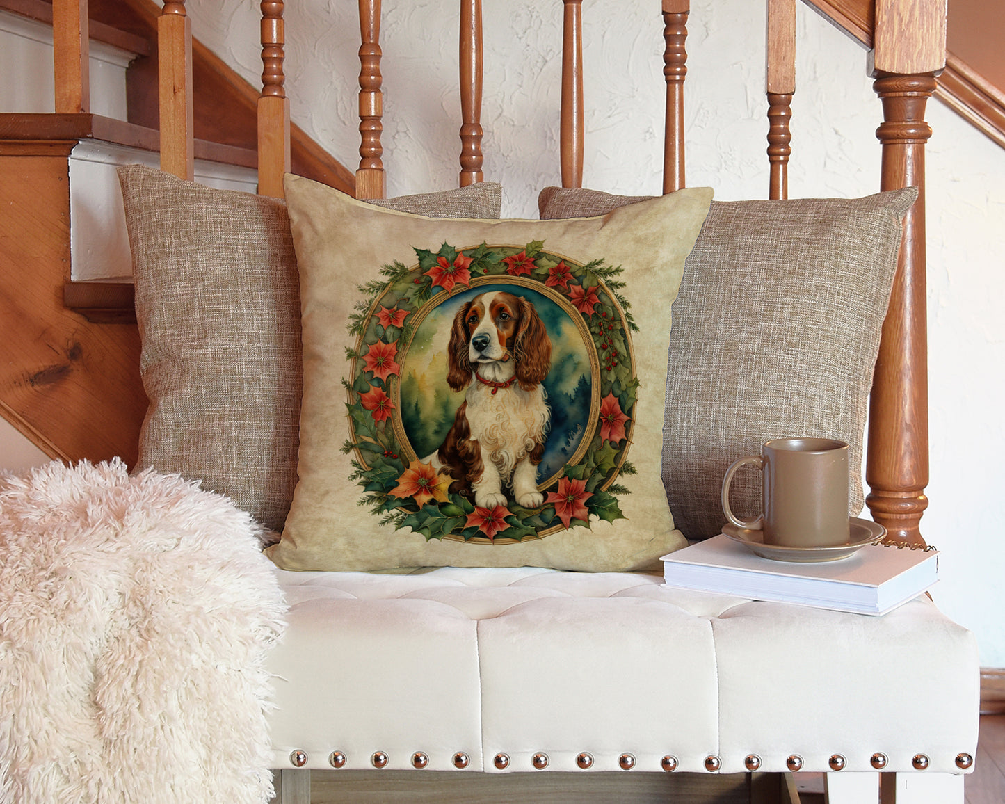 Welsh Springer Spaniel Christmas Flowers Throw Pillow