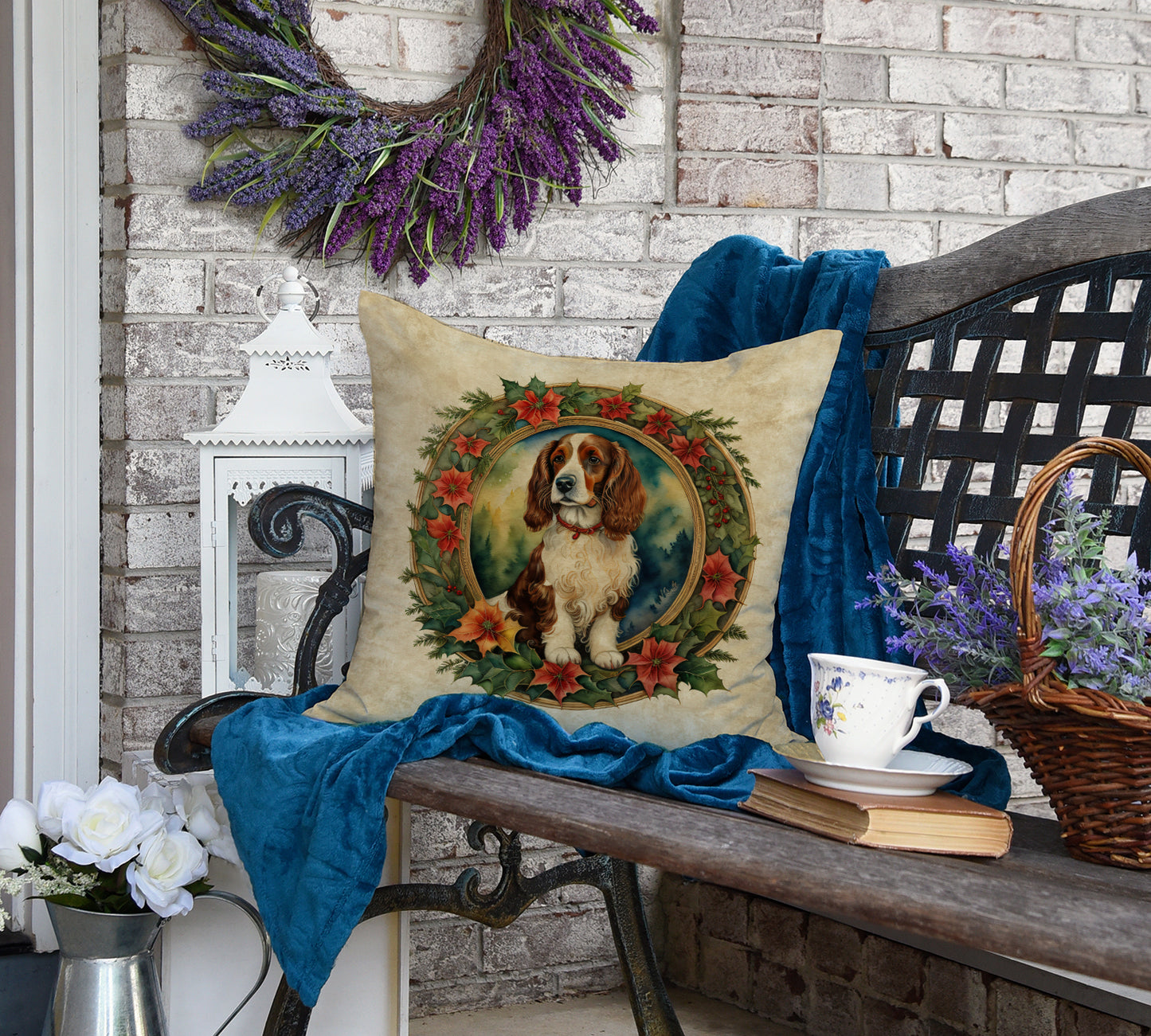 Welsh Springer Spaniel Christmas Flowers Throw Pillow