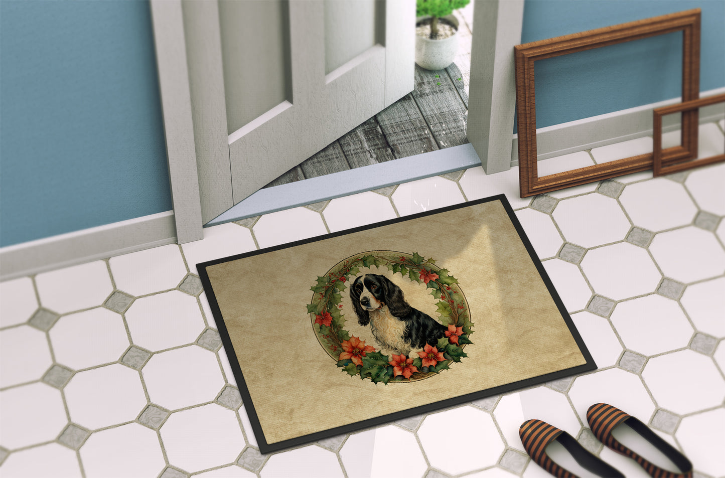 Welsh Springer Spaniel Christmas Flowers Doormat