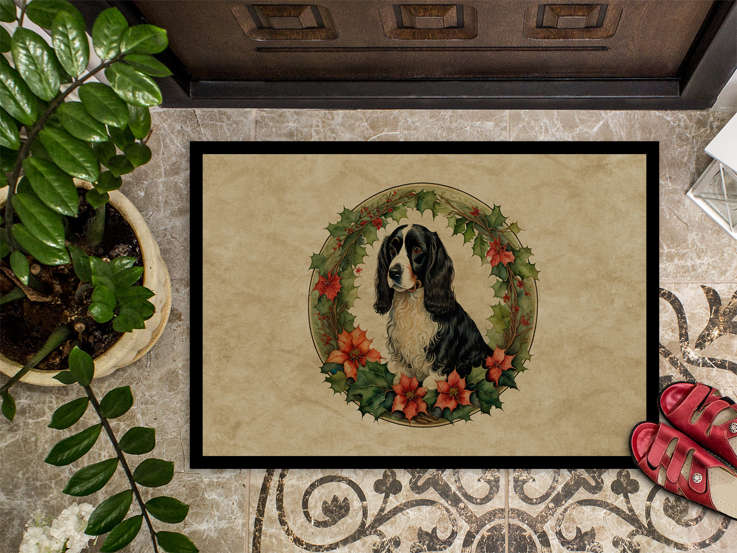 Welsh Springer Spaniel Christmas Flowers Doormat