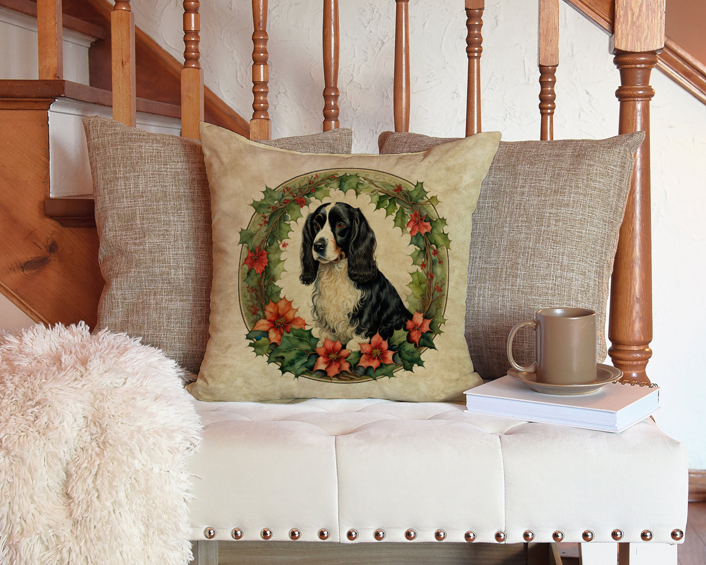 Welsh Springer Spaniel Christmas Flowers Throw Pillow