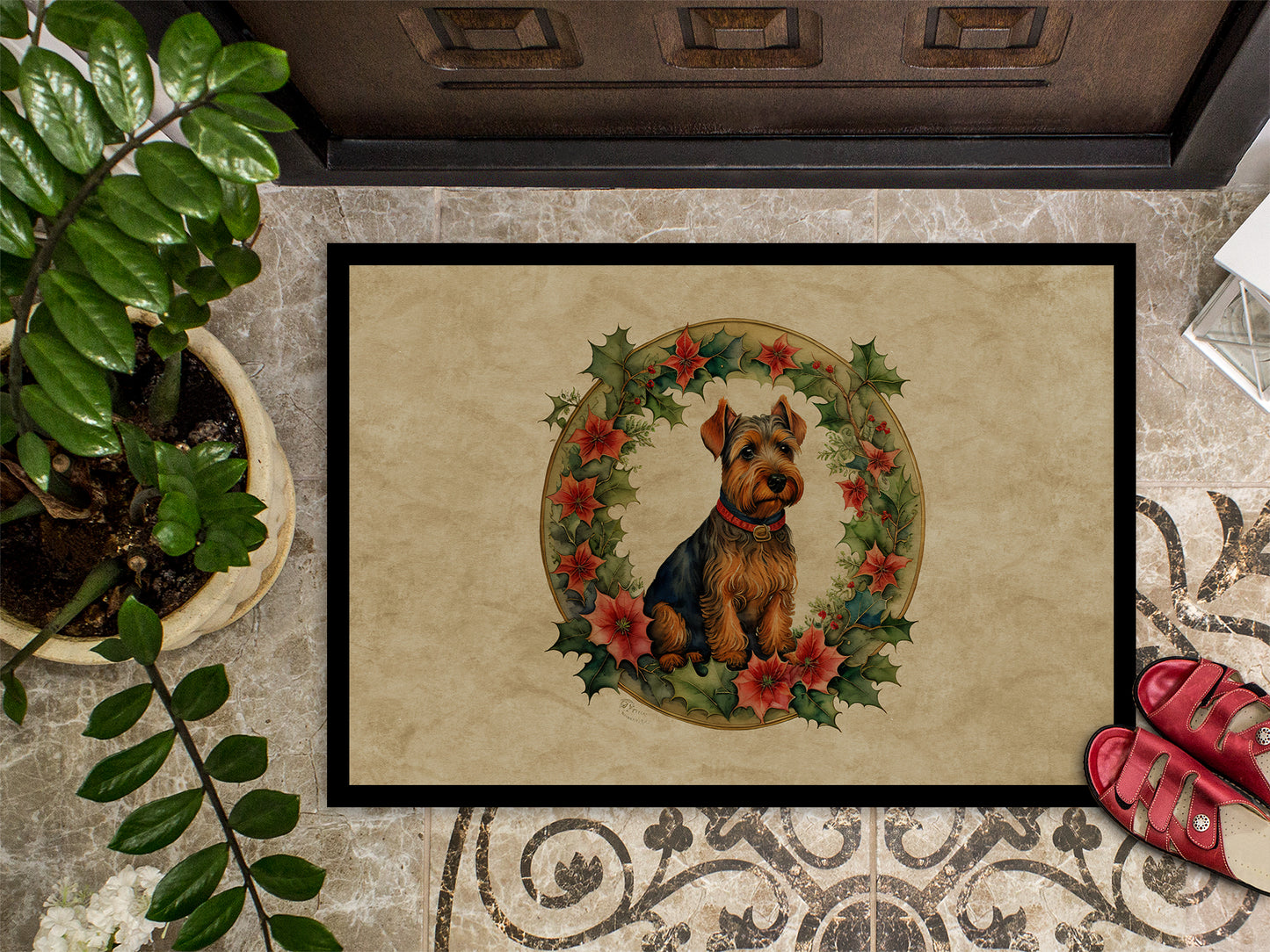 Welsh Terrier Christmas Flowers Doormat