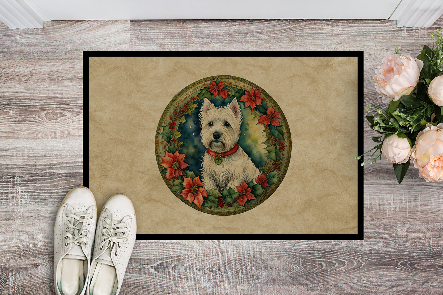 Westie Christmas Flowers Doormat